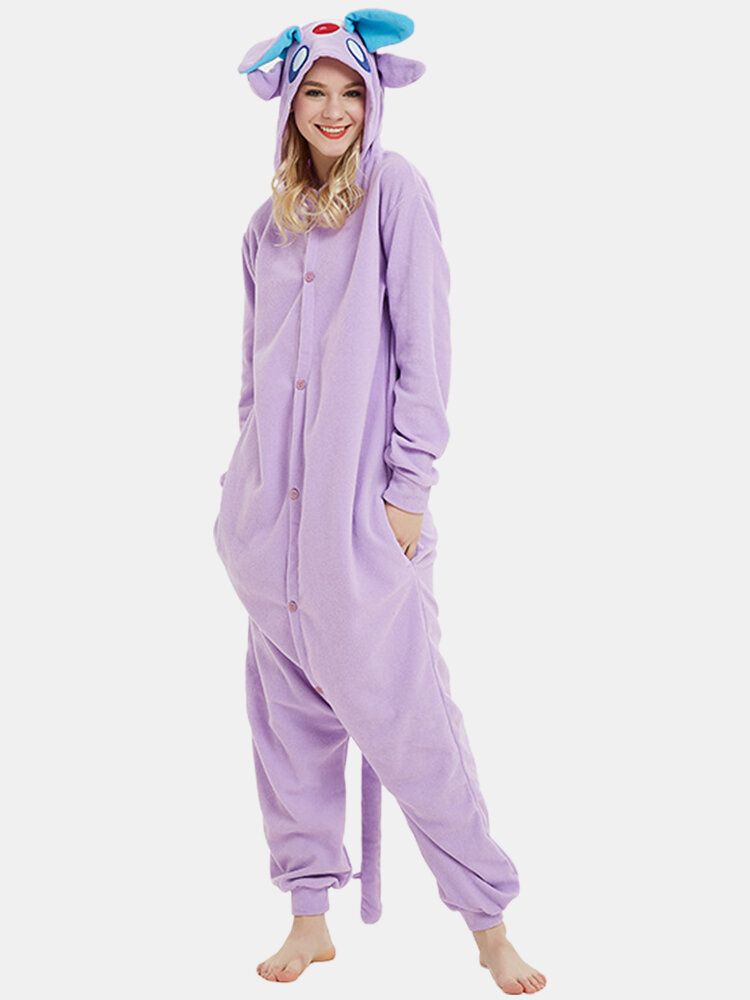 Kobiety Cartoon Cute Button Front Home Luźna Bielizna Nocna Jednoczęściowe Kombinezony Z Kapturem Z Boczną Kieszenią