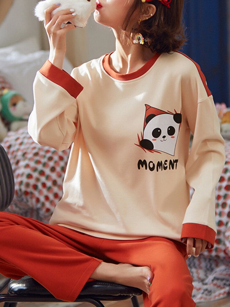Kobiety Cartoon Panda List Drukuj Top Z Długim Rękawem Luźne Spodnie Dwuczęściowy Domowy Zestaw Piżamy