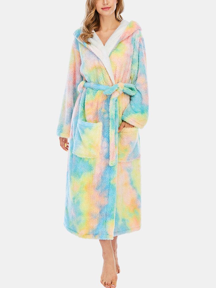 Kobiety Fleece Tie Dye Podwójna Kieszeń Z Długim Rękawem Z Kapturem Bielizna Nocna Szaty Domowe
