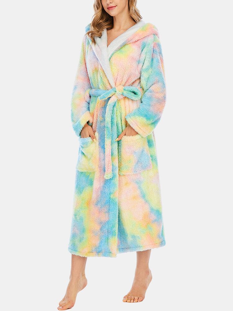 Kobiety Fleece Tie Dye Podwójna Kieszeń Z Długim Rękawem Z Kapturem Bielizna Nocna Szaty Domowe
