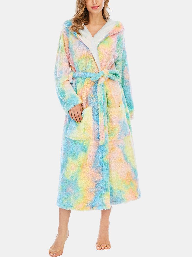 Kobiety Fleece Tie Dye Podwójna Kieszeń Z Długim Rękawem Z Kapturem Bielizna Nocna Szaty Domowe