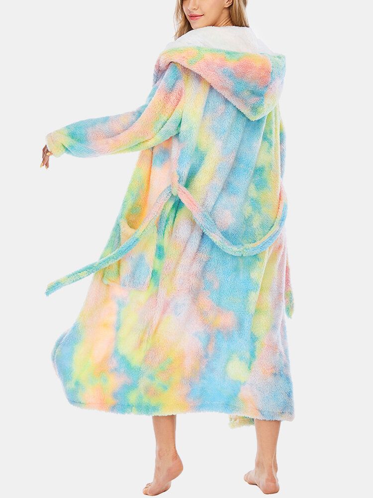 Kobiety Fleece Tie Dye Podwójna Kieszeń Z Długim Rękawem Z Kapturem Bielizna Nocna Szaty Domowe