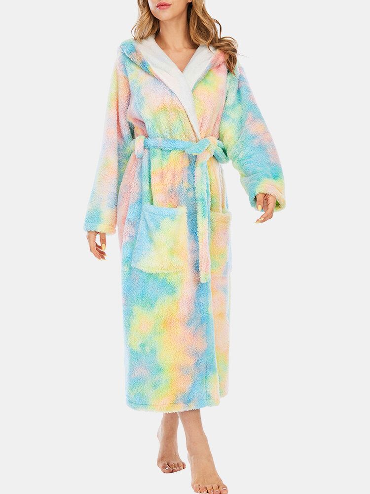 Kobiety Fleece Tie Dye Podwójna Kieszeń Z Długim Rękawem Z Kapturem Bielizna Nocna Szaty Domowe