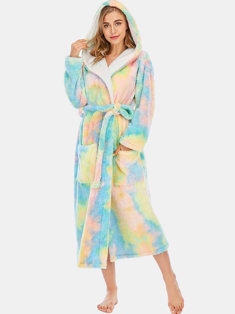 Kobiety Fleece Tie Dye Podwójna Kieszeń Z Długim Rękawem Z Kapturem Bielizna Nocna Szaty Domowe
