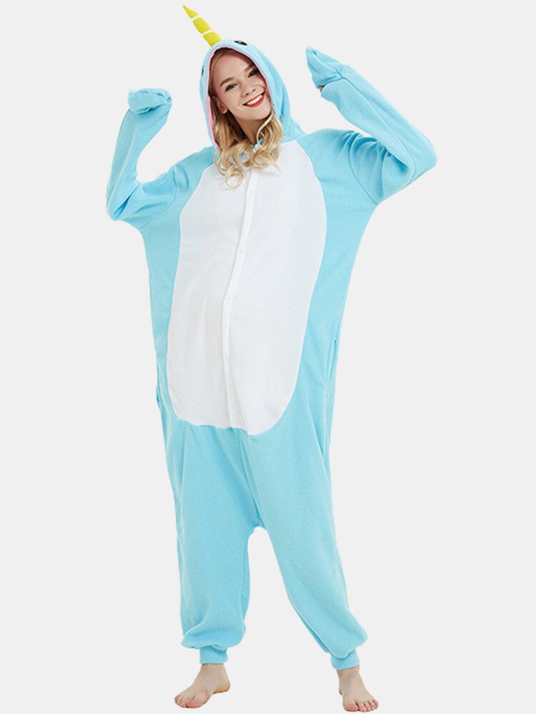 Kobiety Śliczne Narwhal Patchwork Polar Kombinezon Domowy Luźne Kombinezony Z Kapturem Zwierząt