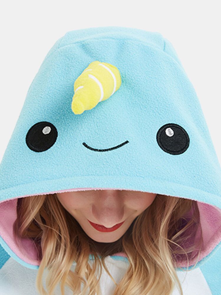 Kobiety Śliczne Narwhal Patchwork Polar Kombinezon Domowy Luźne Kombinezony Z Kapturem Zwierząt