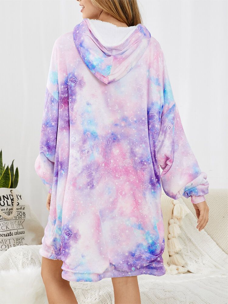 Kobiety Starry Sky Print Oversized Gruby Dwustronny Koc Z Kapturem Wygodna Odzież Domowa Z Kieszenią