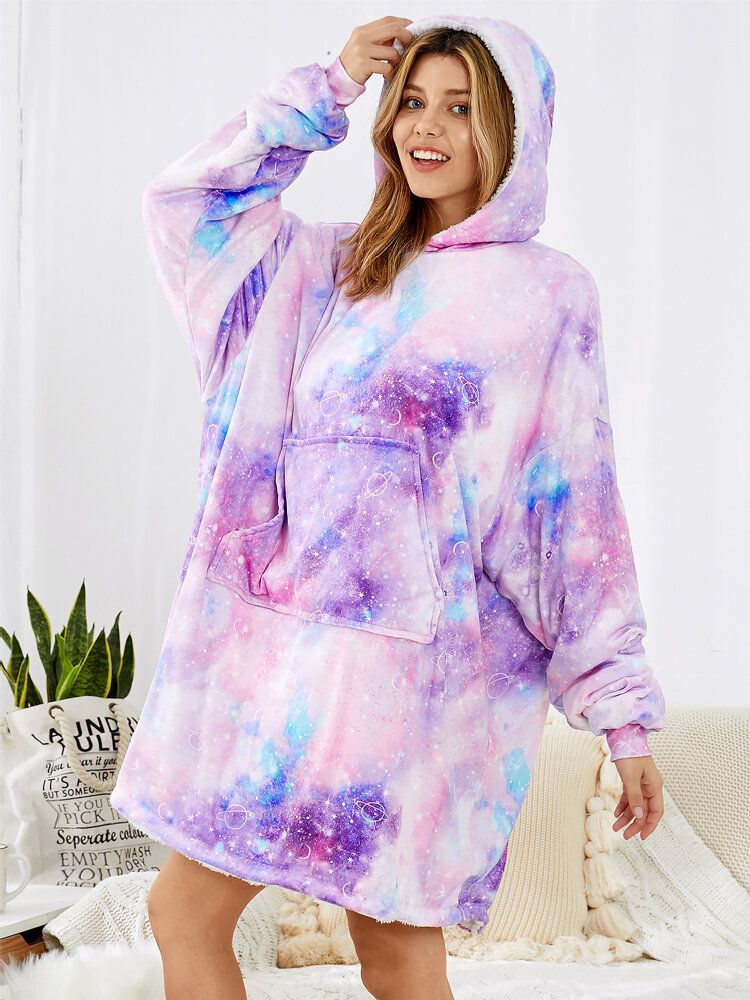 Kobiety Starry Sky Print Oversized Gruby Dwustronny Koc Z Kapturem Wygodna Odzież Domowa Z Kieszenią