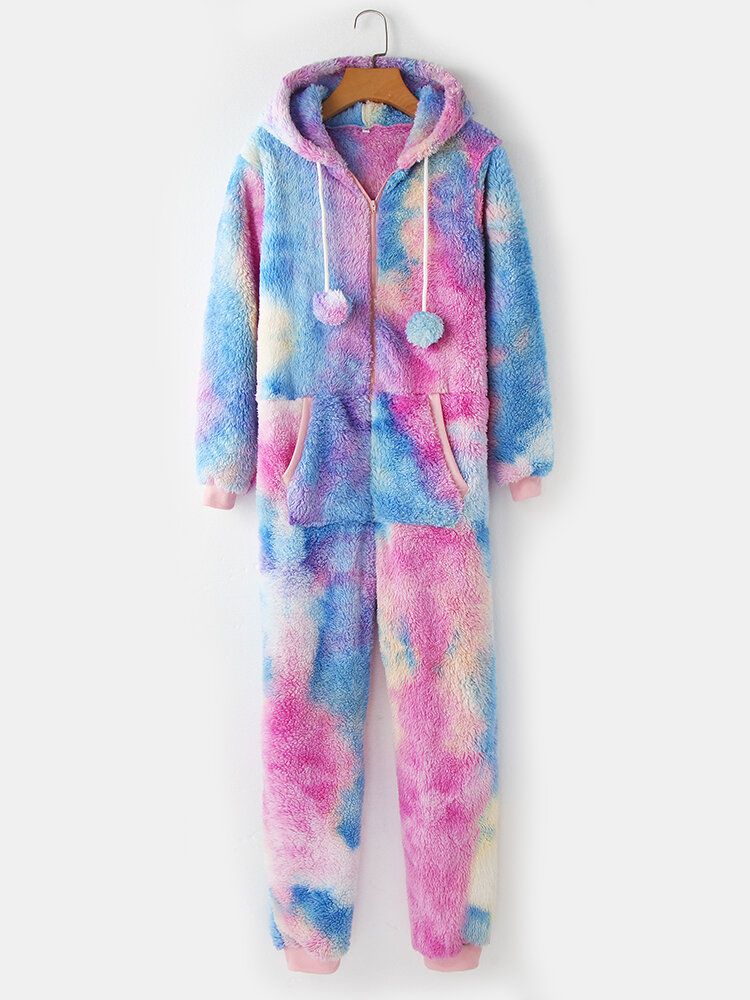 Kobiety Tie Dye Pocket Zipper Kombinezon Z Kapturem Domowa Bielizna Nocna