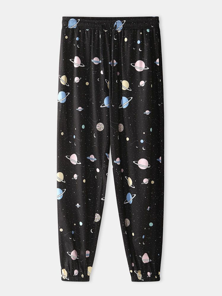 Męska Kreskówka Galaxy Planet Print Kieszeń Sznurkiem Elastyczny Pas Home Jogger Pants