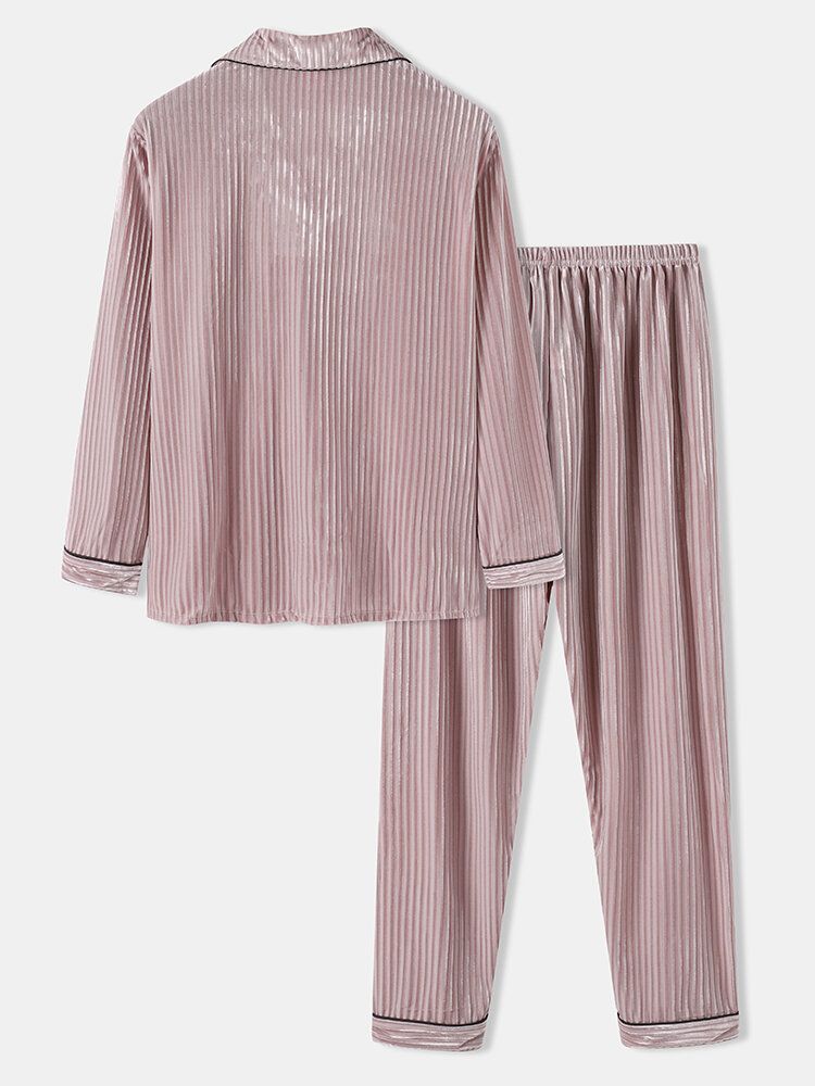 Męski Coral Fleece Lapel Z Długim Rękawem Luźne Spodnie Dwuczęściowy Domowy Ciepły Zestaw Piżam