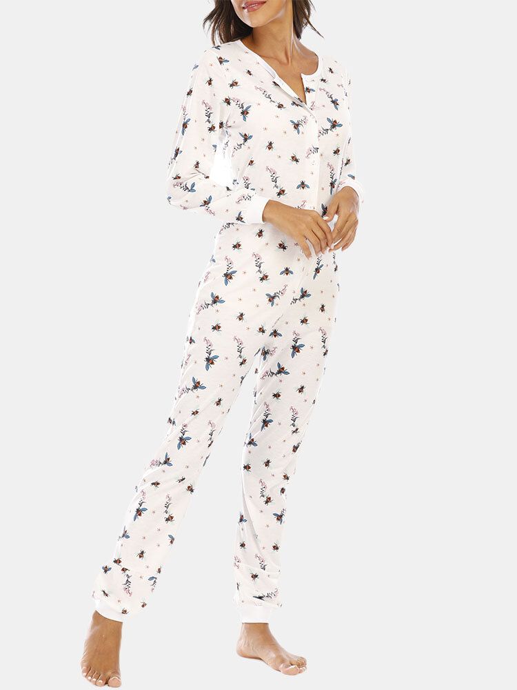 Plus Size Damskie Bee Print Okrągły Dekolt Z Długim Rękawem Bielizna Nocna Domu Pajacyki