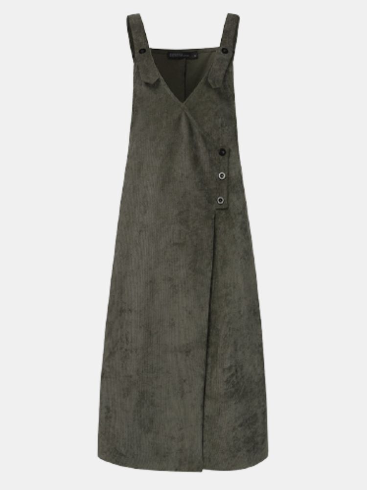 Damski Sztruksowy Regulowany Pasek Na Ramię Dekolt W Serek Solidna Kieszeń Boczna Casual Midi Dress