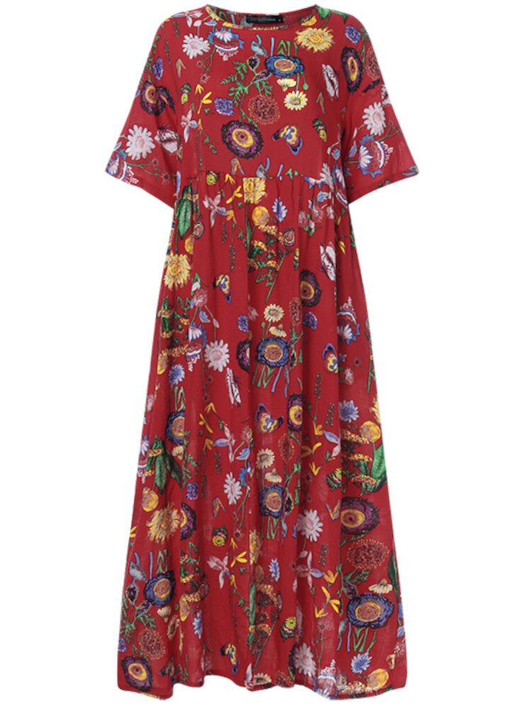 Kobiety Loose Fit Casual CZeski Styl Retro Kwiat Okrągły Dekolt Sukienka