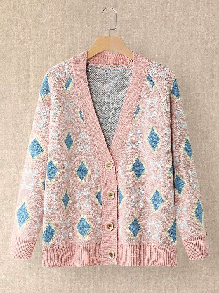 Kobiety Argyle Pattern Geometryczny Dzianinowy Kardigan Z Animowanymi Guzikami