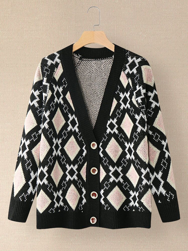 Kobiety Argyle Pattern Geometryczny Dzianinowy Kardigan Z Animowanymi Guzikami