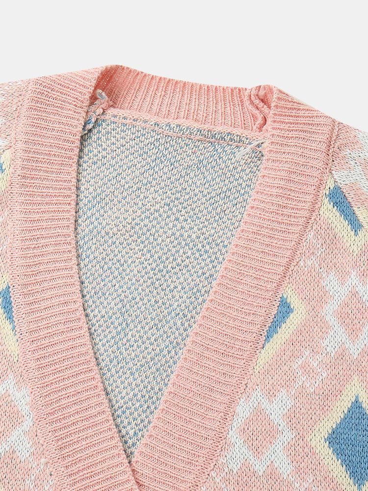 Kobiety Argyle Pattern Geometryczny Dzianinowy Kardigan Z Animowanymi Guzikami
