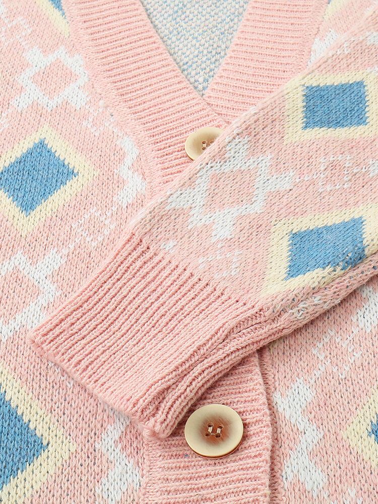 Kobiety Argyle Pattern Geometryczny Dzianinowy Kardigan Z Animowanymi Guzikami