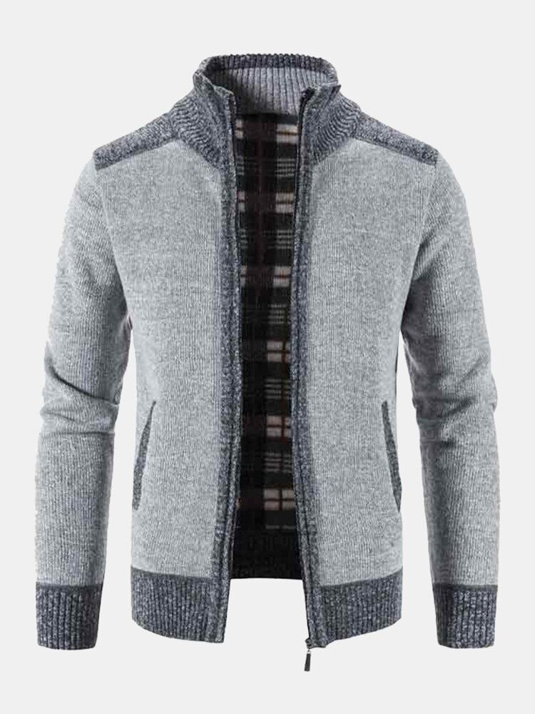 Mężczyźni Dzianiny Plus Velvets Wysoka Neck Elastyczne Hem Kieszenie Zipper Sweter Cardigans