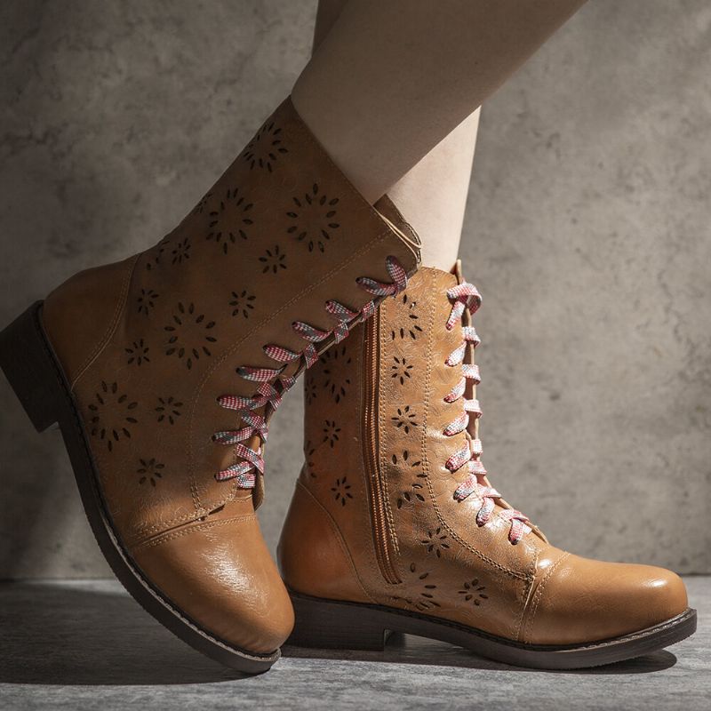 Kobiety Kwiat Hollow Out Wzór Zasznurować Chunky Heel Krótkie Botki