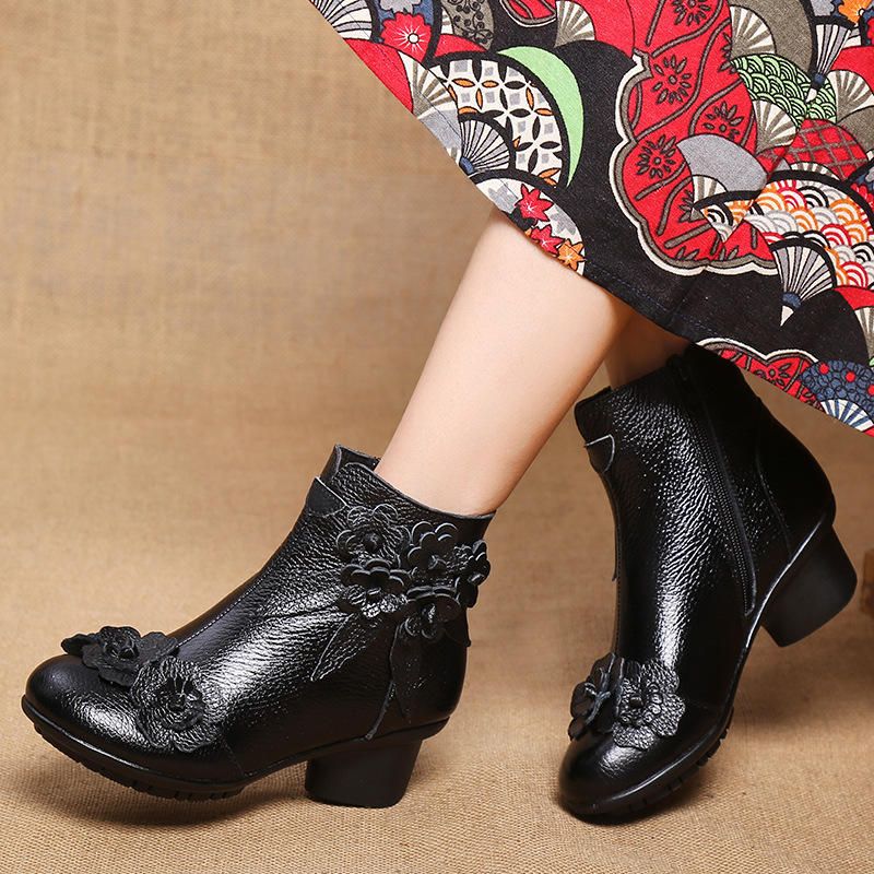 Kobiety W Stylu Vintage Z Prawdziwej Skóry Ręcznie Robione Kwiaty Na Niskim Obcasie Krótkie Buty Do Kostek