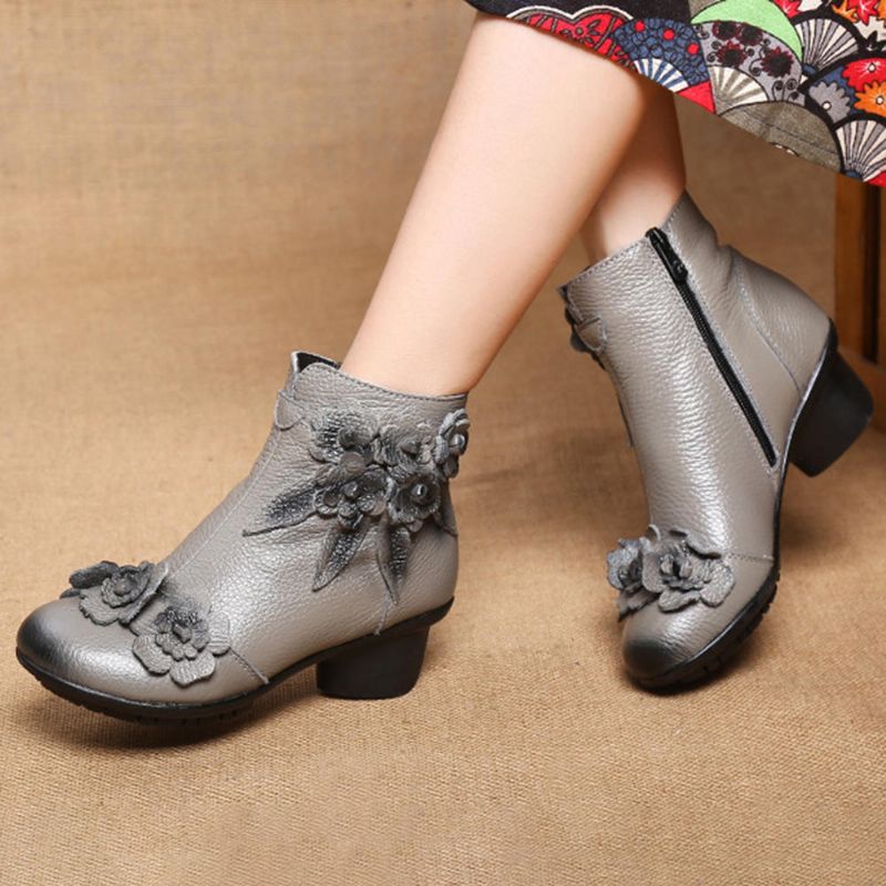 Kobiety W Stylu Vintage Z Prawdziwej Skóry Ręcznie Robione Kwiaty Na Niskim Obcasie Krótkie Buty Do Kostek