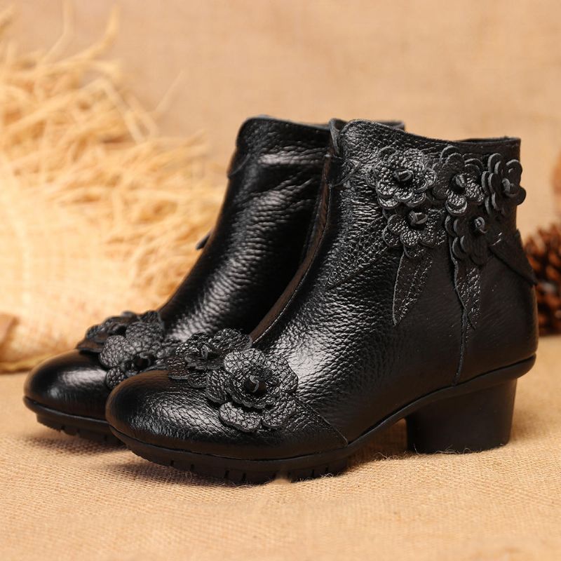 Kobiety W Stylu Vintage Z Prawdziwej Skóry Ręcznie Robione Kwiaty Na Niskim Obcasie Krótkie Buty Do Kostek