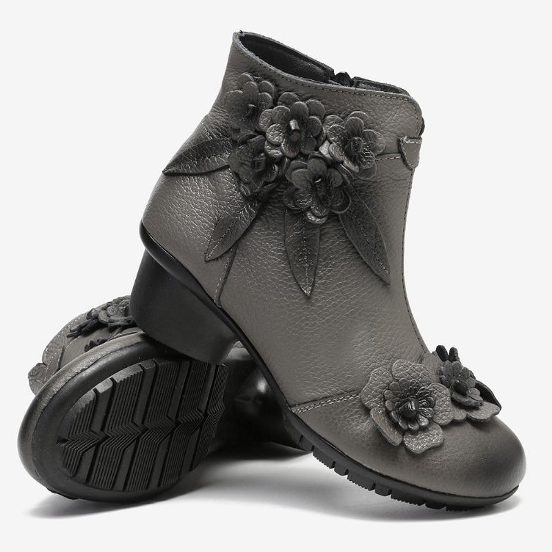 Kobiety W Stylu Vintage Z Prawdziwej Skóry Ręcznie Robione Kwiaty Na Niskim Obcasie Krótkie Buty Do Kostek