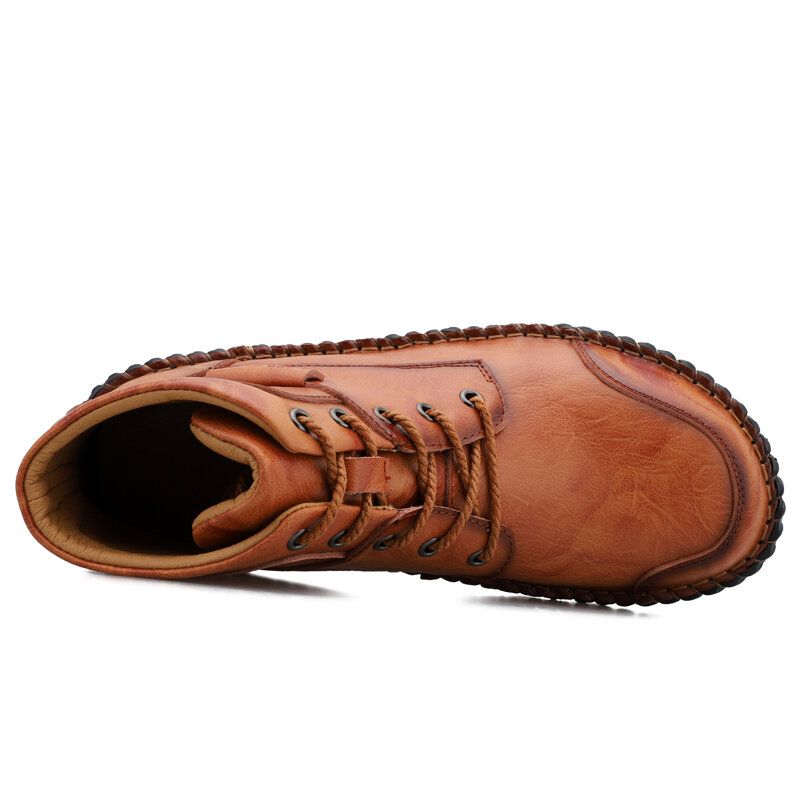 Męskie Outdoor Wygodne Okrągłe Toe Dorywczo Ręcznie Szycie Wysokie Skórzane Buty