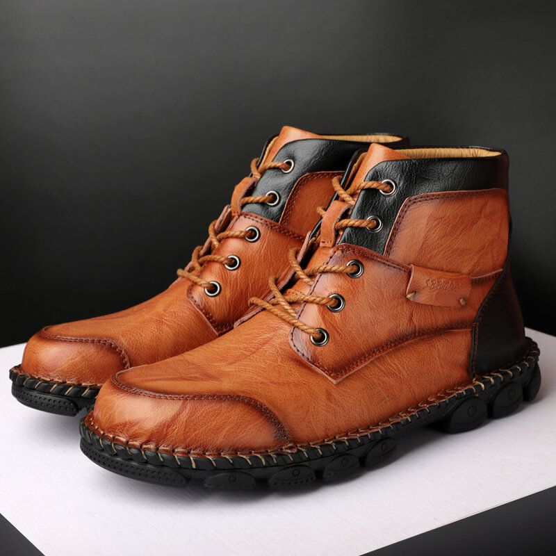 Męskie Outdoor Wygodne Okrągłe Toe Dorywczo Ręcznie Szycie Wysokie Skórzane Buty
